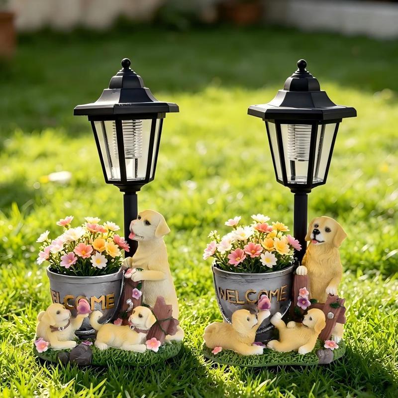 Outdoor Lighting And Landscape - รูปปั้นกระถางต้นไม้โกลเด้นรีทรีฟเวอร์พร้อมไฟโซลาร์เซลล์ รูปปั้นเรซิ่นสำหรับตกแต่งสวนกลางแจ้ง สนามหญ้า หรือพื้นที่จัดสวน ของขวัญ