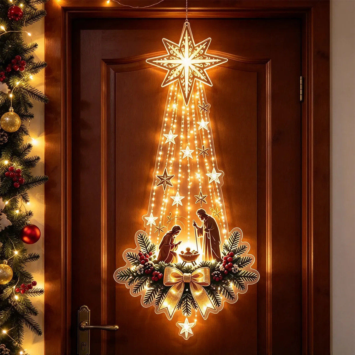 Outdoor Lighting Effects - 1 ชิ้น ที่แขวนประตูคริสต์มาส ไฟ LED เรืองแสง